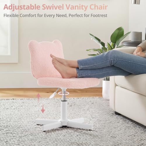 LUE BONA Cute Bear Ear Vanity Chair for Teen Girls - Height Adjustable 13.8"-18.9" Swivel Stool with Back Support, Teddy Velvet Makeup Ottoman, 300lbs, Light Pink