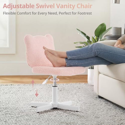 LUE BONA Cute Bear Ear Vanity Chair for Teen Girls - Height Adjustable 13.8"-18.9" Swivel Stool with Back Support, Teddy Velvet Makeup Ottoman, 300lbs, Light Pink