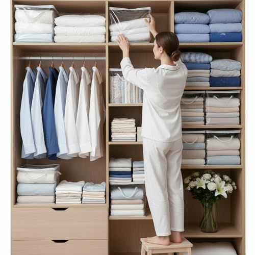 10pcs clear storages bag bed sheet organizer clear zippered storage bags with Handle cube storage bags with zipper Plastic Two-Way Zipper Foldable Plastic Closet Organizer towel for closet