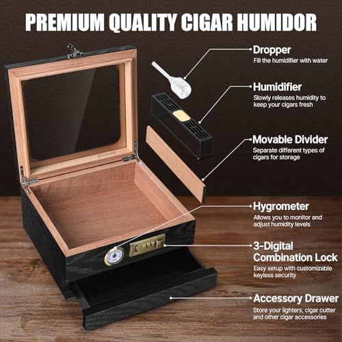 Tesonway Cigar Humidor, Cedar Wood Humidor Cigar Box, Glass Top Desktop Humidor with Front Hygrometer, Humidifier, Divider, Accessories Drawer and Combination Lock, Cigar Gifts for Men (Black)