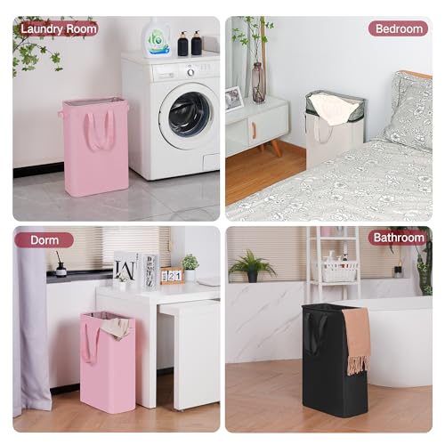 efluky Slim Laundry Basket, Narrow Laundry Hamper with Handles, Collapsible Dirty Clothes Hamper, Tall Laundry Bin for Laundry Room, Dorm and Bedroom, 12.7 Gallons(48L) Pink