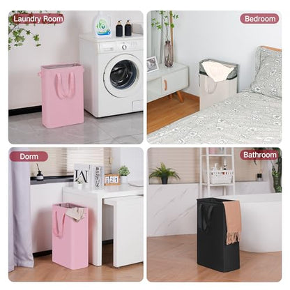 efluky Slim Laundry Basket, Narrow Laundry Hamper with Handles, Collapsible Dirty Clothes Hamper, Tall Laundry Bin for Laundry Room, Dorm and Bedroom, 12.7 Gallons(48L) Pink