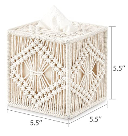 Mkono Tissue Box Cover Square, Boho Macrame Decor Open-Bottom Holder, Ivory | Facial Tissue Organizer, Decorative Cube Box, Chic Hand-Woven, Bedroom Bathroom Vanity Dresser Living Room Office Dorm