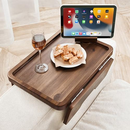 15.75" Acacia Couch Armrest Table with Phone Holder, Walnut Color | Acacia Wood, 360° Rotating Phone Holder, Spacious, Clips Securely with Double-hinge Grip, Foldable, Portable, Easy Assembly