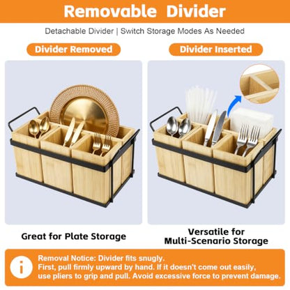 4-in-1 Detachable Silverware Caddy with Removable Dividers and Iron Base | Plate and Flatware Storage, Flexible Storage Layout, Portable Side Handles, Solid-Bottom Design, Easy Assembly and Cleaning