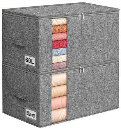 60L Rigid-Sided Blanket Storage Bags, 2 Pack, Gray | Rigid Sides and Bottom, Stackable Design, for Comforters, Quilts, Bedding, Pillows and Clothes, Closet and Dorm Organization