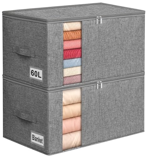 60L Rigid-Sided Blanket Storage Bags, 2 Pack, Gray | Rigid Sides and Bottom, Stackable Design, for Comforters, Quilts, Bedding, Pillows and Clothes, Closet and Dorm Organization
