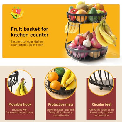 2 Tier Large Fruit Bowl for Kitchen Counter with 2 Banana Hangers | Sturdy Metal Basket for Fruit, Bread & Onions, Modern Wire Fits Various Styles, Includes Food-Safe Mats to Keep Produce Fresh