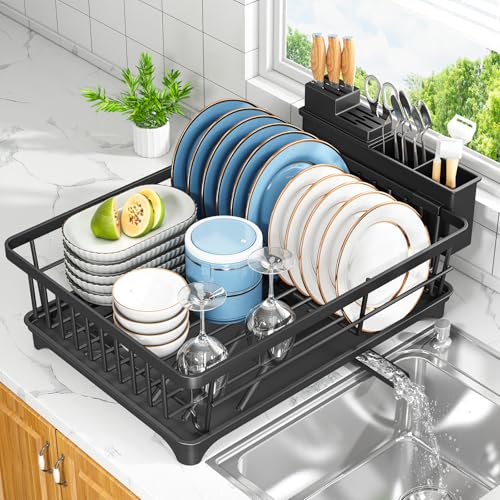 Kmiectse Dish Drying Rack for Small Kitchen Counter with Utensil Holder | Space Saving, Rust Resistant, Quick Drainage Dish Rack, Compact Dish Drainer Organizer for Home Kitchen, Black
