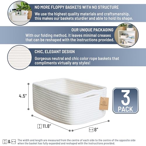 11.8"x8"x4.5” Storage Baskets for Shelves 3 Pack | Cotton Rope Woven Small Baskets for Organizing | Small Storage Bins for Nursery, Bathroom, Closet, Cube Shelf, Decorative, Gift Basket