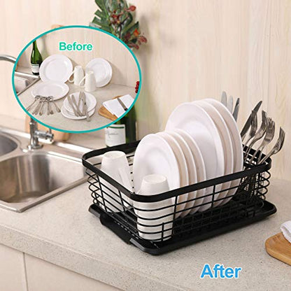 Kitchen Dish Drainer Rack with Drying Board and Full-Mesh Silverware Utensils Holder, Black