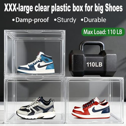 3 Pack XXX-Large Tall Boot Storage Organizer, 17.3x13x13'' Display Case | Shoe Boxes Extra Large Helmet Showcase Clear Stackable Hangbag Tote Bag with Magnetic Lid, 3 Pack Boxes with 2 Shoe Bags