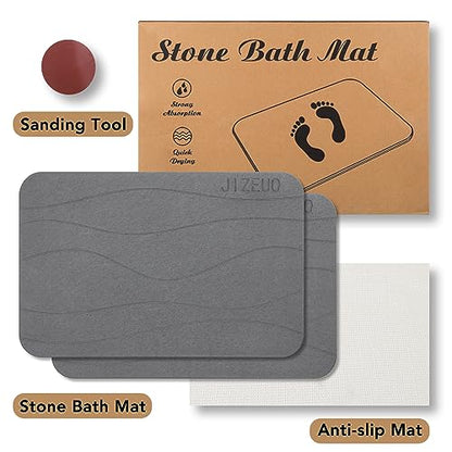 Stone Bath Mat, Diatomaceous Earth Shower Mat, Non-Slip Super Absorbent Quick Drying Bathroom Floor Mat，2 Pack, Grey