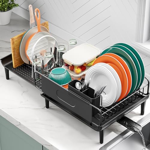 Urackify Expandable Dish Drying Rack with Drainboard for Kitchen Counter | Expands from 16.9 to 26.6 inches to fit more dishes, plates with fast drainage and flexible placement for any sink