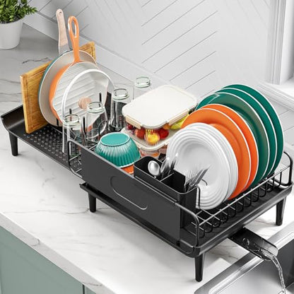 Urackify Expandable Dish Drying Rack with Drainboard for Kitchen Counter | Expands from 16.9 to 26.6 inches to fit more dishes, plates with fast drainage and flexible placement for any sink