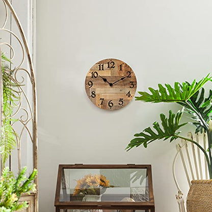 NIKKY HOME Rustic Small Wall Clock, 12 Inch Wooden Clocks Battery Operated | Farmhouse Brown Wood MDF Silent Non Ticking Decorative Country Cabin Clock for Kitchen, Living Room, Bedroom, Bathroom