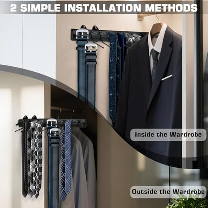 Sliding Tie Racks, 18 Tie Hanger 16.5'' Pull Out Belt Rack for Closet | Aluminum Alloy Extendable Wardrobe Closet Organizer with 18 Hooks for Belts, Ties, Scarves, 16.5'' x 3.15'' (Sprayed Black)