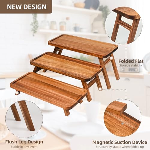 3 Tier Serving Tray Acacia Wooden Tiered Tray Stand Foldable Dessert Table Display Set Decor Charcuterie Boards for Party, Birthday, Wedding, Christmas