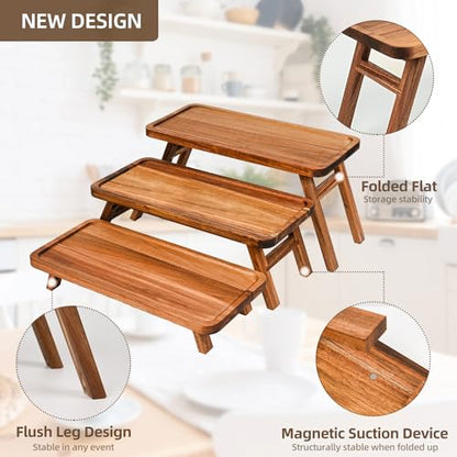 3 Tier Serving Tray Acacia Wooden Tiered Tray Stand Foldable Dessert Table Display Set Decor Charcuterie Boards for Party, Birthday, Wedding, Christmas