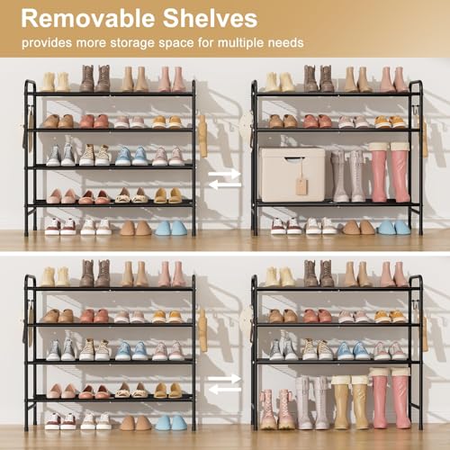 VILICK 4-Tier Shoe Rack 33" Wide Metal Shoe Organizer Long Shoe Storage with 4 Side Hooks Sturdy Shoes Shelf for Closet, Front Door Entrance, Garage, Dorm, Black