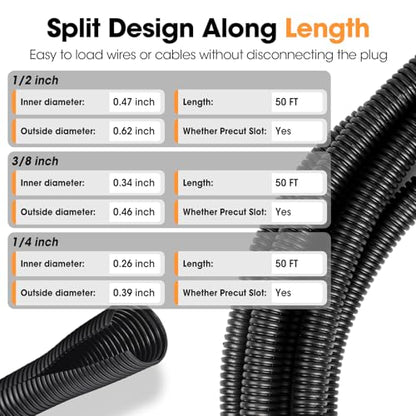 Wire Loom 1/4", 1/2", 3/8 Inch x 50 FT, Split Wire Loom Tubing Wire Conduit, Cable Sleeves Bulk Flexible Electrical Conduit Protective kit