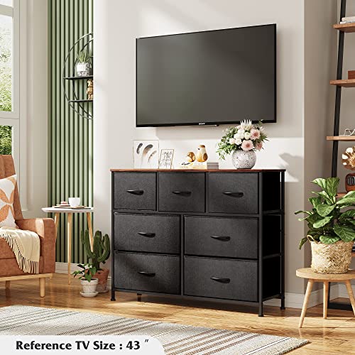 WLIVE Dresser for Bedroom, 7 Drawers, TV Stand, Rustic Brown | 7 roomy fabric drawers, Fits TVs up to 45 inch, Bedroom or living room, Wide storage design, Chest of drawers