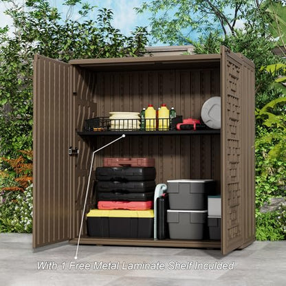 HOMSPARK Indoor/Outdoor Storage Cabinet with Doors and Shelf, 34”x16”x36” HDPE Plastic Storage Box for Patio, Balcony, Multi-Purpose for Tools, Brown