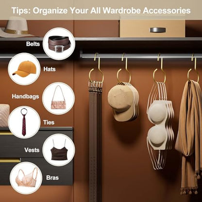 6 Pcs Hat Hanger Gold Hooks Organizer, Metal Shawl Belt Scarf Caps Tie Purse Storage Hangers Organizers Non-Slip Easy Access Open Hook Space Saving Multi-Functional Hooks