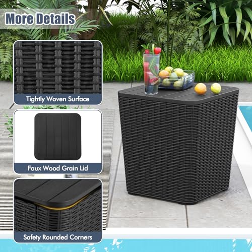 Tangkula 11.5 Gallon Water-proof Deck Box, Outdoor Patio Storage Box w/Removable Lid &, Faux Rattan Storage Container Side Table, All Weather Patio Furniture Extra Seat for Poolside (Black)