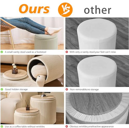 Set of 2 Round Storage Ottoman, White Velvet Ottoman with Storage | Upholstered Padded Vanity Stool, Multifunctional Coffee Table & Foot Rest for Bedroom, Living room with Hidden Storage Space