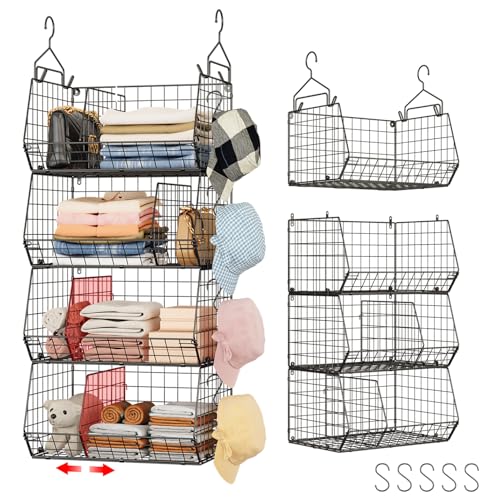 Jautokerdar 4 Tier Hanging Closet Organizer with Dividers,Extra Large Storage Hanging Shelf with 5 S Hooks 4 Dividers,Hang on Wire Closet Shelving Clothes Organizer-Black