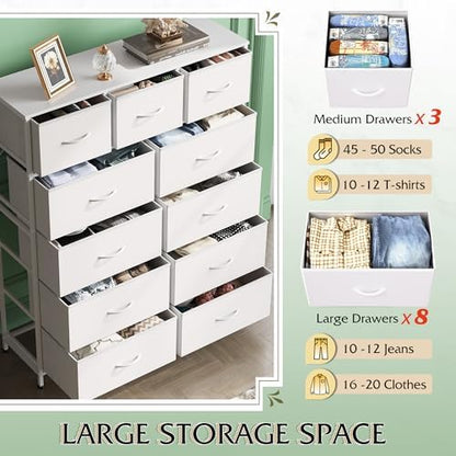 WLIVE Tall Dresser for Bedroom, 11 Drawer Chest of Drawers, White | 11 fabric storage drawers, Tall high-capacity design, Bedroom or dorm use, Sturdy steel frame, Smooth wood tabletop