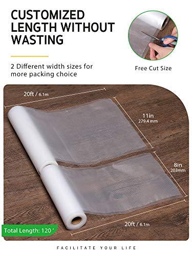 Syntus Vacuum Sealer Bags for Food, 3 Rolls 11" x 20' and 3 Rolls 8" x 20' | 6 Pack, BPA Free, Custom Size, Heave-duty, Durable, Sous Vide Cooking Freezer Microwave Safe, Works with All Vacuum Sealers