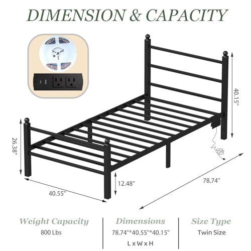 Twin Bed Frames with Charging Station & LED Lights, Metal bed frame twin size with Headboard and Footboard, Heavy Duty Slats Support Platform, No Box Spring Needed, Noise Free, Easy Assembly, Black
