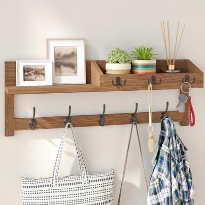 Wall Hooks with Shelf, 26.57 Inch Entryway Wood Coat Hooks for Wall with Shelf, Coat Rack Wall Mount with 5 Dual Hooks 3 Key Hooks Mail Organizer and Key Rack Holder (Brown)