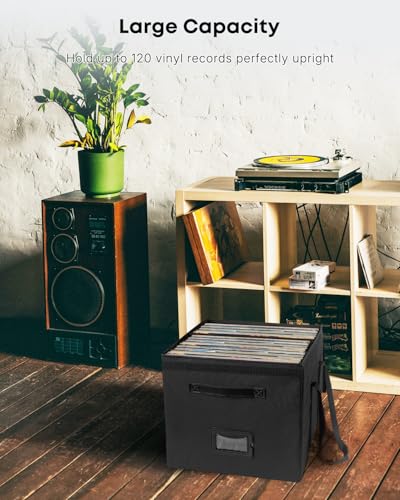 Uniclife Vinyl Record Storage Box with Lid & Handles | Collapsible, Splash-Resistant Album Storage Crate for 80 Single Records (12"), Black, 13" × 13" × 13"
