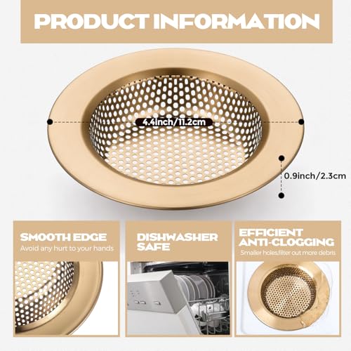 2 Pcs Sink Strainer Stainless Steel Kitchen Sink Drain Strainer Basket Cover Mesh Hair Food Catcher, Large Wide Rim of 4.4 Diameter (Champagne Bronze)