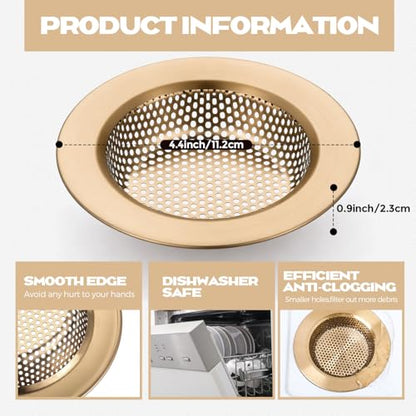 2 Pcs Sink Strainer Stainless Steel Kitchen Sink Drain Strainer Basket Cover Mesh Hair Food Catcher, Large Wide Rim of 4.4 Diameter (Champagne Bronze)