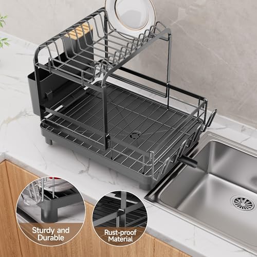 2-Tier Dish Drying Rack, Large Dish Drainers for Kitchen Counter | Anti-Rust Dish Rack with Drainboard, Utensil Holder, Extra Cup Holder, Black