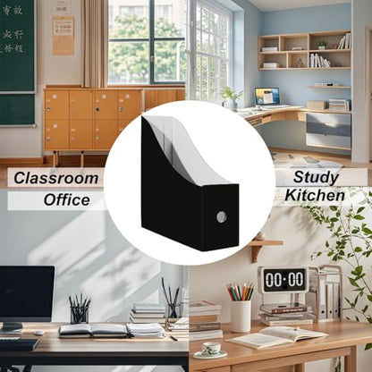 Limitliho 6 Pack Black Cardboard Magazine Holder for Desk or Shelves | 10.6''H×10.2'L×3.5''W Magazine File Holder, Vertical Book Bins for Classroom and Library, Magazine Storage Box with Label