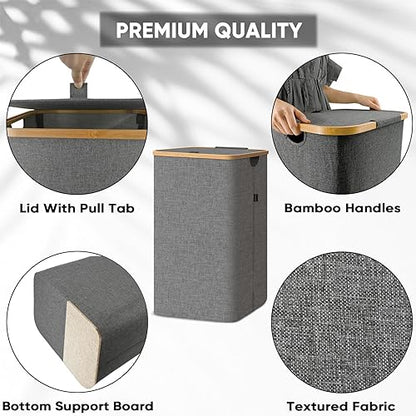 BALEINE Laundry Hamper with Lid, Tall Laundry Baskets with Bamboo Pull Handles, Large Laundry Bin with Internal Support (26 Gal/100L, Beige)