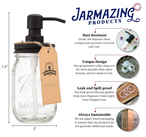 Mason Jar Soap Dispenser - Black - 16 oz Ball Mason Jar Liquid Dispenser for Kitchen & Bathroom - Glass - Dish Soap Dispenser with Rust Proof Stainless Steel Pump & Lid