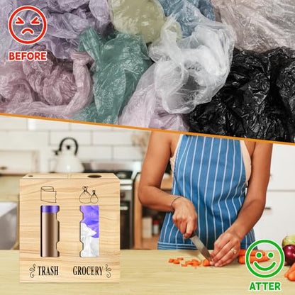 2 in 1 Trash Bag Dispenser and Grocery Bag Holder, Large Wooden Plastic Bag Holder, Wall Mount Trash Bags Holder for Grocery and Plastic Bags, Kitchen and Laundry Room Organization