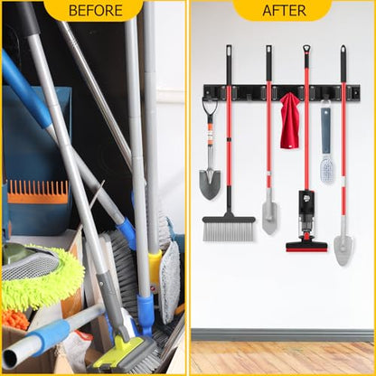 2 Pack Wall Mount Broom Holder with Sliding 3 & 4 Racks 4 Hooks，Mop Hanger | 15-30'' Broom Hanger Wall Mount,Aluminum Alloy Broom Holder Wall Mount,Broom and Mop Organizer Wall Hanging,Broom Holder