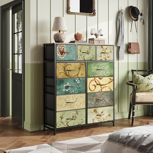 WLIVE Tall Dresser for Bedroom, 11 Drawer Chest of Drawers, Floral | 11 fabric storage drawers, Tall high-capacity design, Bedroom or dorm use, Sturdy steel frame, Smooth wood tabletop