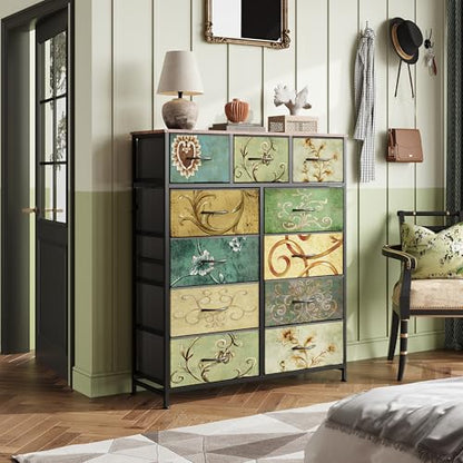 WLIVE Tall Dresser for Bedroom, 11 Drawer Chest of Drawers, Floral | 11 fabric storage drawers, Tall high-capacity design, Bedroom or dorm use, Sturdy steel frame, Smooth wood tabletop