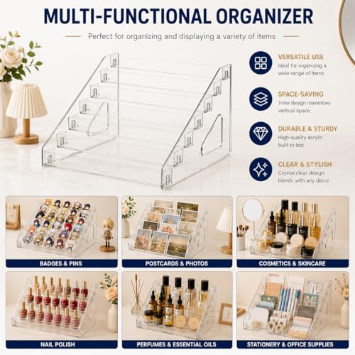 1 Pack 7 Tier Sunglasses Organizer Stand, Clear Acrylic Glasses Display Rack, Snap-Fit Eyeglass Holder Storage Tray for Sunglasses, Reading Glasses, Nail Polish, Makeup, Trading Cards and Collectibles