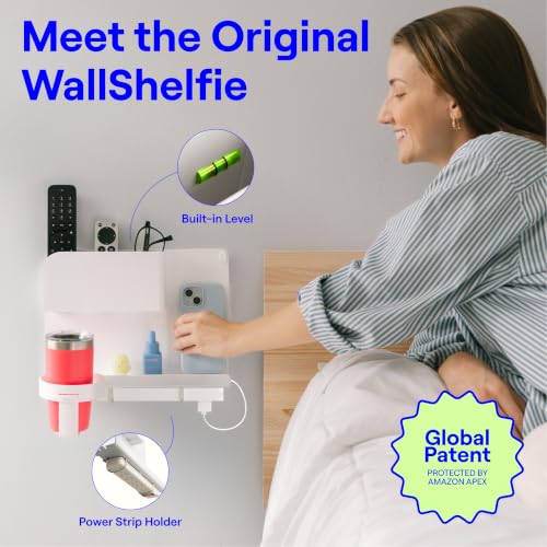 WallShelfie Bedside Wall Organizer & Dorm Decor for Dorm Room - White | Dorm Room Essential, Floating Bedside Shelf Wall Mount Organizer, Remote Control Holder, Cool Teen Girls Trendy Stuff,