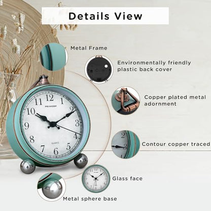 Peakeep 4" Small Battery Operated Antique Retro Analog Alarm Clock | with Contour Lines in Gold for Room Decor, Silent Elegant Bedside Desk Table Gift Clock