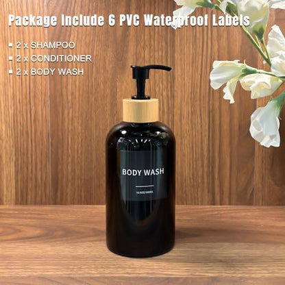 Shampoo and Conditioner Dispenser, Refillable Plastic Shampoo Pump Bottles with Waterproof Labels, Empty Body Wash Dispenser Set for Bathroom Shower, Black, Set of 3, 16.9oz